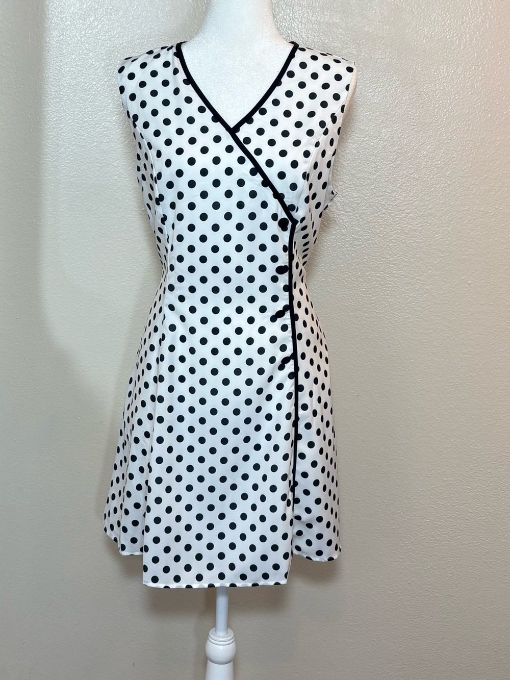 SHEIN White & Black Polka Dot Sleeveless Wrap Midi Dress - Picture 2 of 5